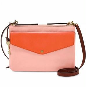 Fossil Pink Peach Orange Leather Crossbody HandBag - Devon Colorblock NEW